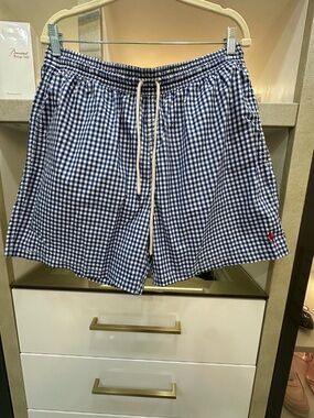 Ralph Lauren Navy and White Gingham Swim Shorts Size XXL